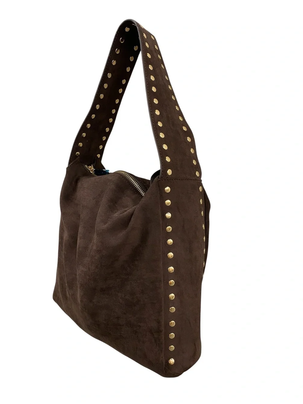 Dark Brown Suede Studded Hobo Shoulder Bag